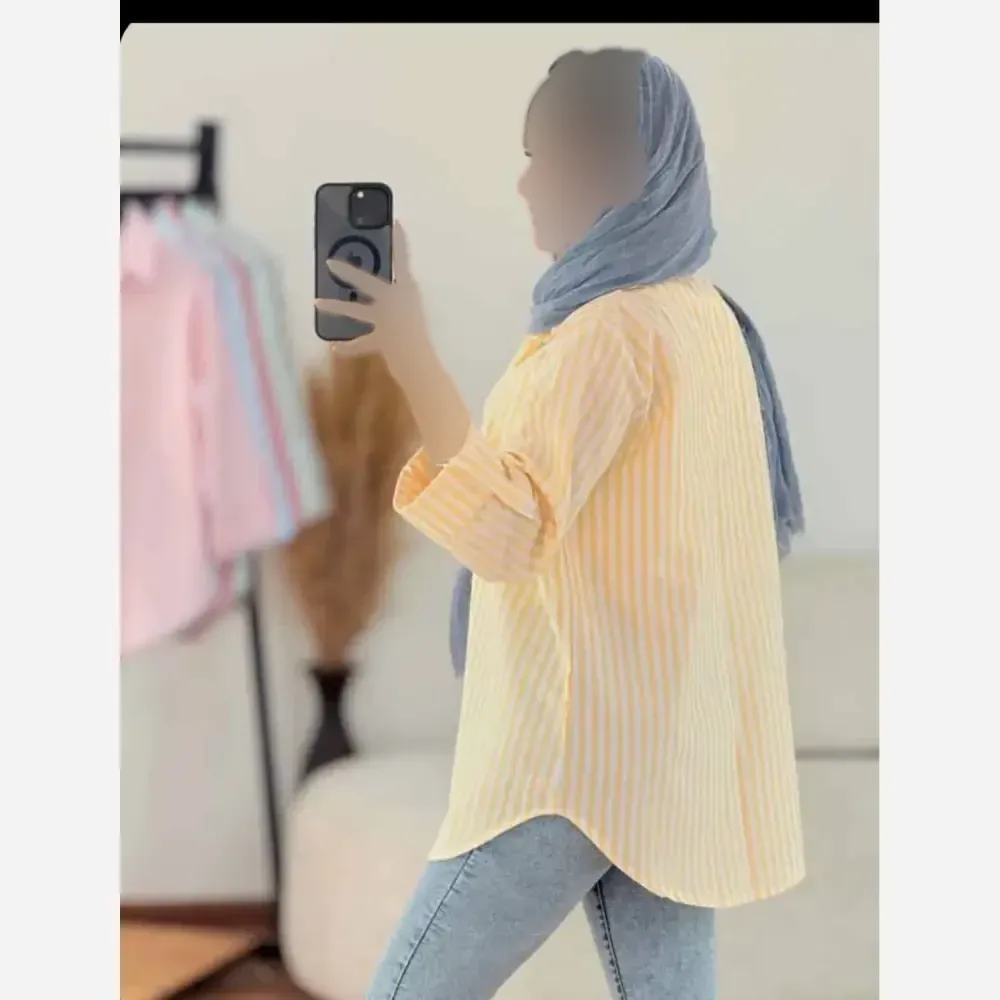 شومیز زنانه لنین راه راه آستین پاگن دار جیب دار تابستانه