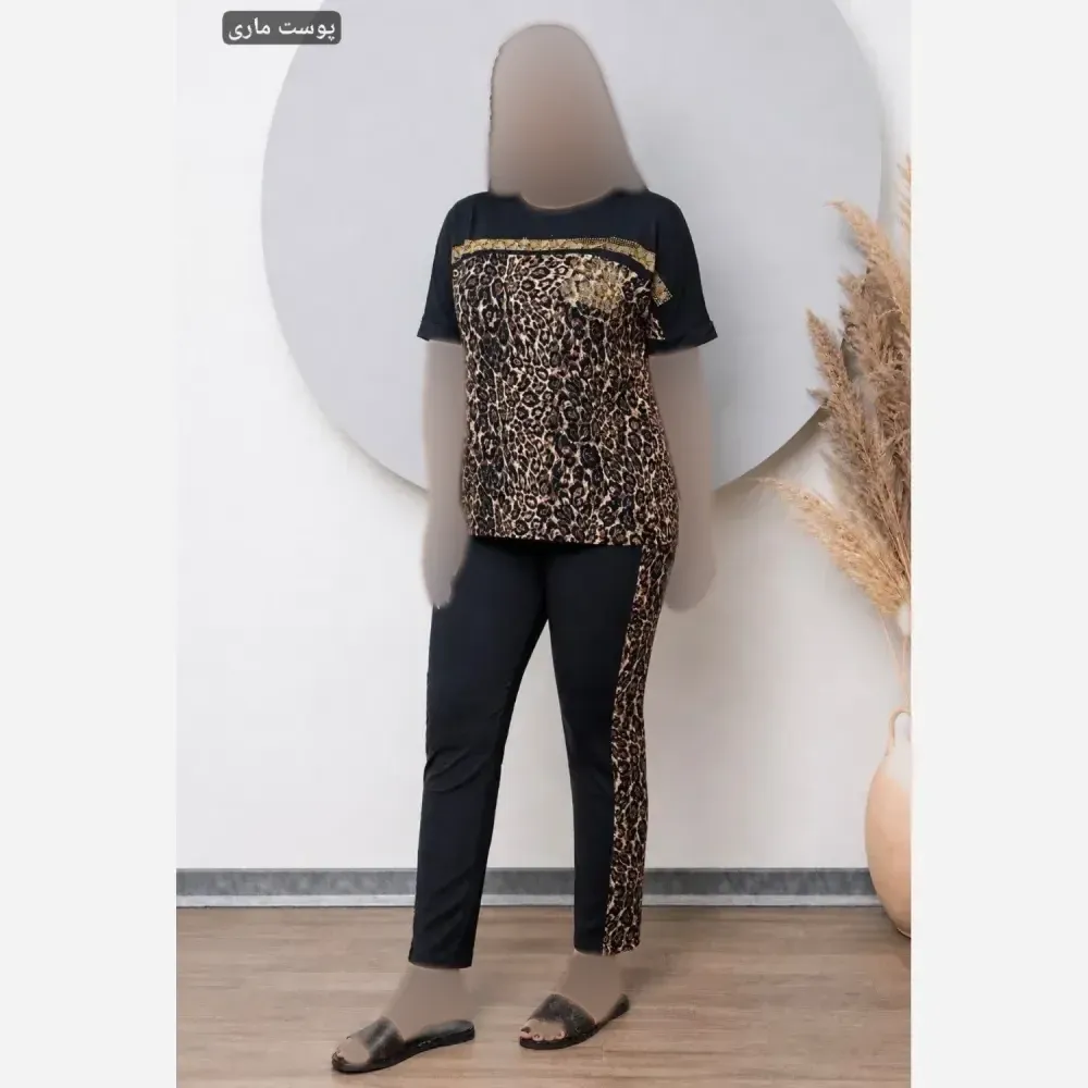 ست تیشرت و شلوار زنانه مدل زویا جنس فلامنت الیزه فول کش نگیندار سایز فری 36 تا 50