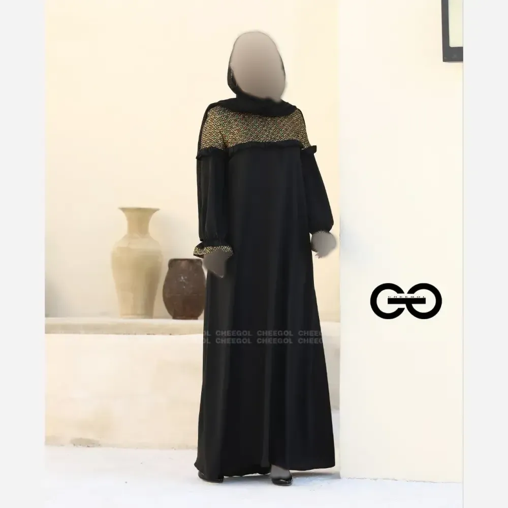 عبا زنانه طرح دنیا جنس الیزه و خرجکار تافته هندی رنگ مشکی سایز 40 تا 60