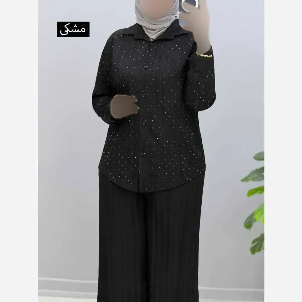 ست شومیز و شلوار زنانه نگین دار جنس کراش آیوا فری سایز رنگ مشکی