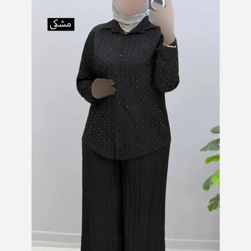 ست شومیز و شلوار زنانه نگین دار جنس کراش آیوا فری سایز رنگ مشکی