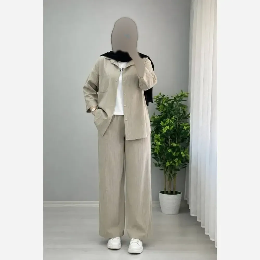ست شومیز و شلوار زنانه جنس کراش درجه یک رنگ استخوانی سایز 38 تا 46