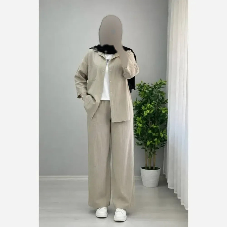ست شومیز و شلوار زنانه جنس کراش درجه یک رنگ استخوانی سایز 38 تا 46