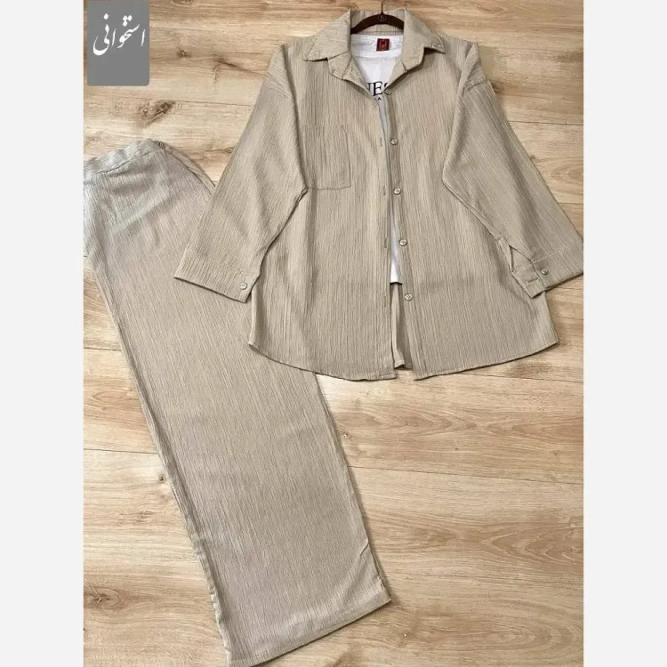 ست شومیز و شلوار زنانه جنس کراش درجه یک رنگ استخوانی سایز 38 تا 46