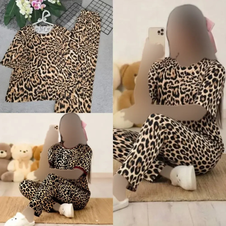 ست تیشرت و شلوار زنانه طرح پلنگی جنس فلامنت فول کش سایز بزرگ 38 تا 50