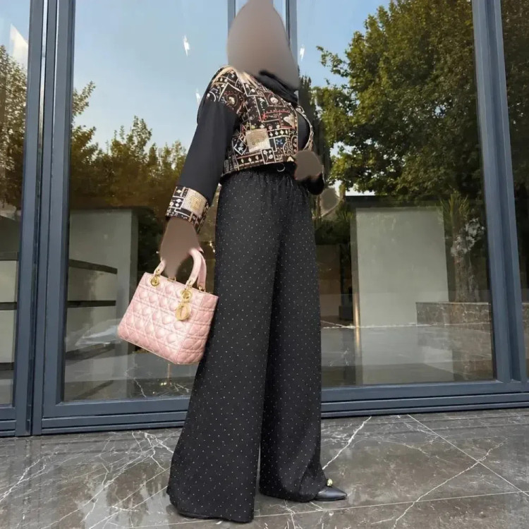 شلوار زنانه فول نگین جنس شانتون درجه یک رنگ مشکی فری سایز 36 تا 46 قد 100