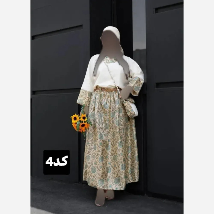 ست 4 تیکه زنانه کاترینا شامل شومیز لنین دامن بوگاتی کیف و کمربند سایز 38 تا 46