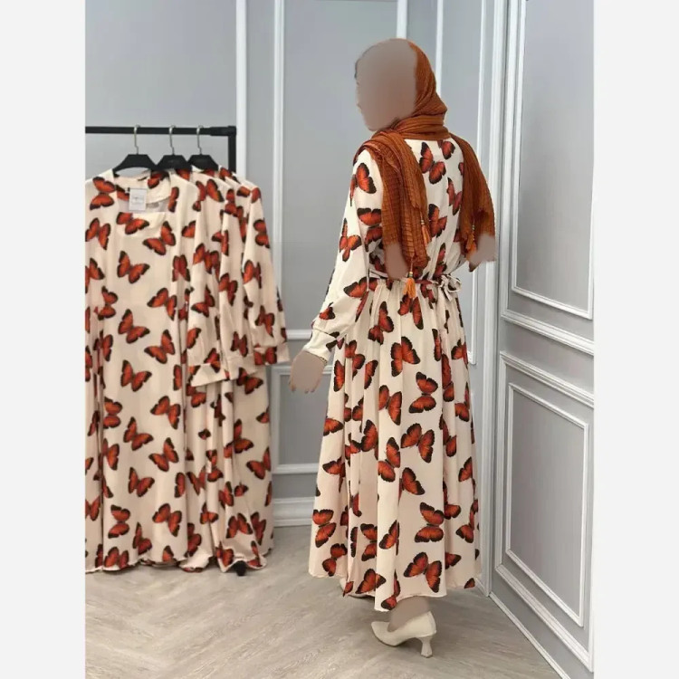 پیراهن ساحلی زنانه طرح پروانه جنس بوگاتی فری سایز کمربند دار