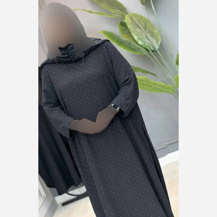 عبا مجلسی زنانه مدل افسانه جنس ساتن الیزه مشکی نگیندار فری سایز