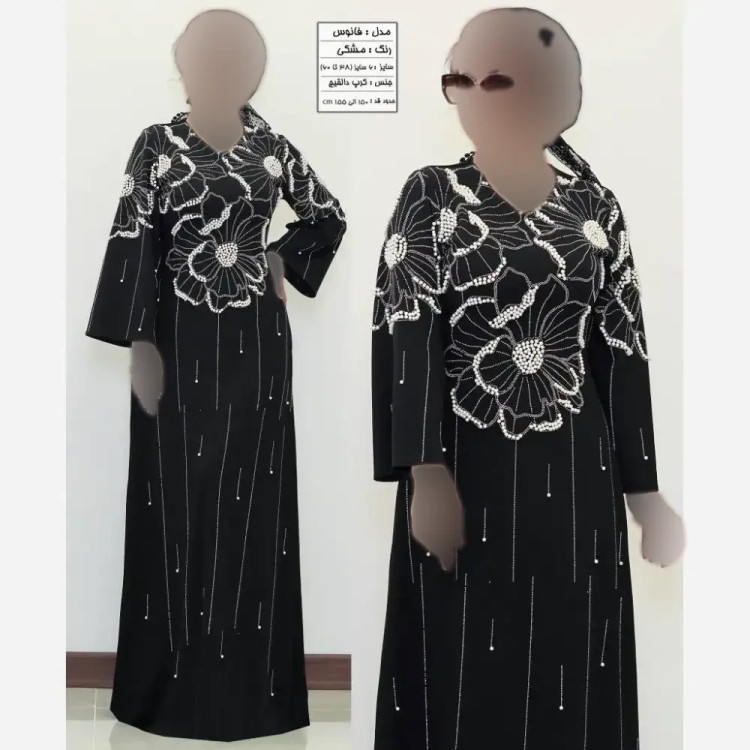 پیراهن مجلسی زنانه مدل فانوس جنس کرپ دالقیچ مشکی نگیندار سایز 38 تا 60