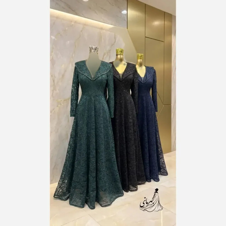 پیراهن مجلسی زنانه مدل سایه گیپور دانتل سنگدوزی شده کاپدار قد 155 سایز 40 تا 52
