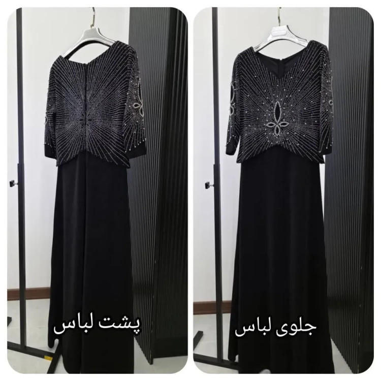 پیراهن مجلسی زنانه کرپ لمه مشکی مدل نفس با خرجکار نگین و مروارید سایز 38 تا 60