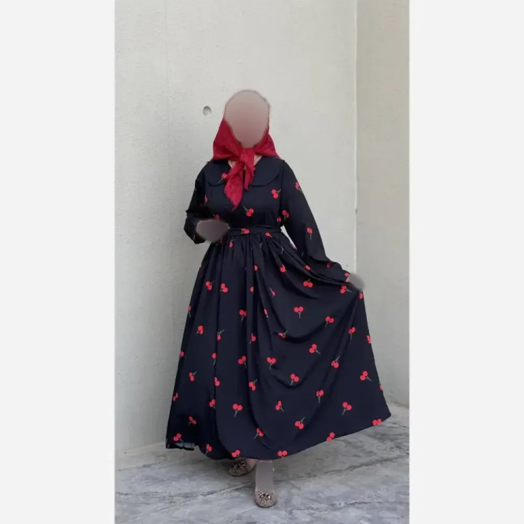 پیراهن بلند زنانه کرپ فلور مدل گیلاسی فری سایز با کمربند