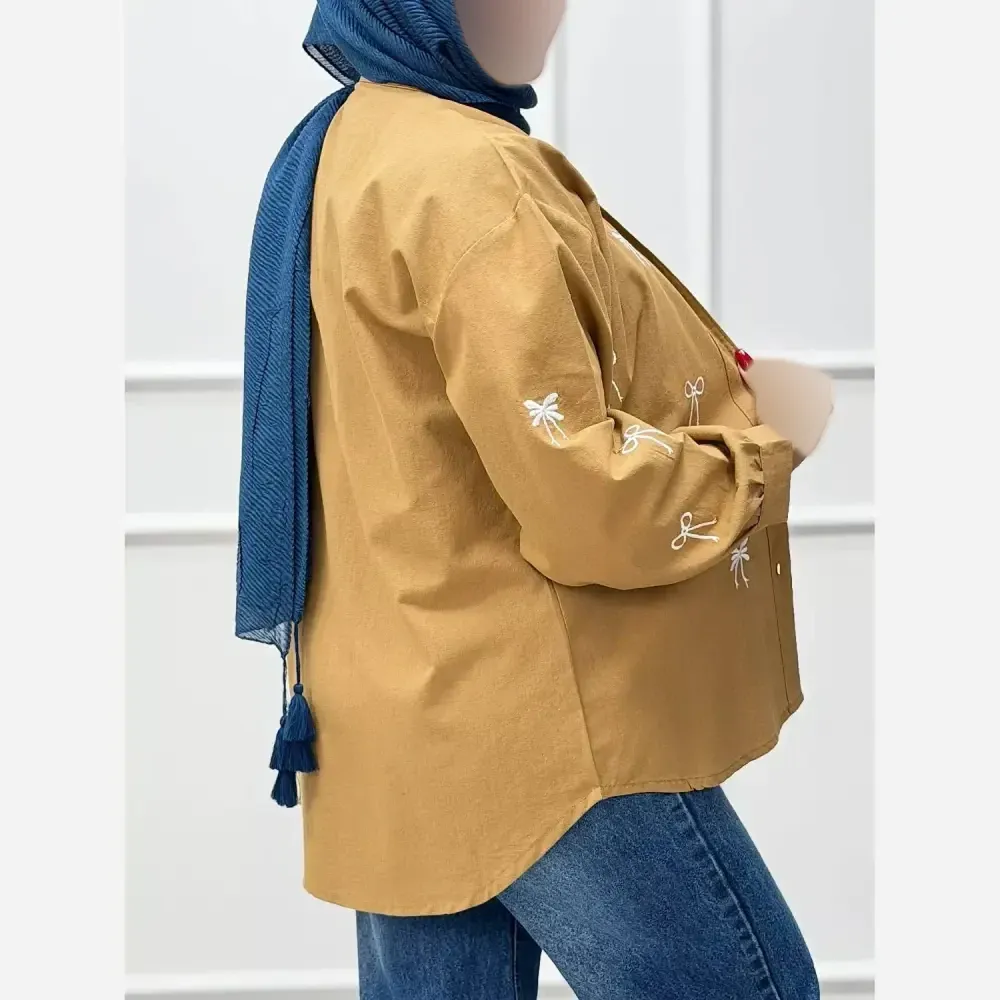 شومیز مانتویی گلدوزی شده زنانه جنس کتان پوپلین فری سایز