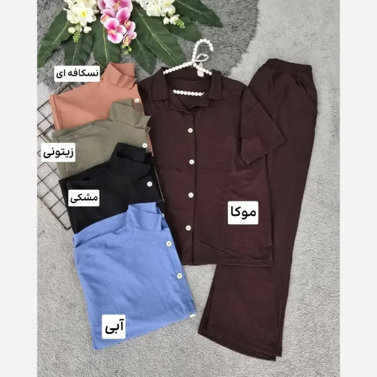 ست بلوز و شلوار زنانه مدل کاوه جنس پارچه بیسکویتی فری سایز 36 تا 46