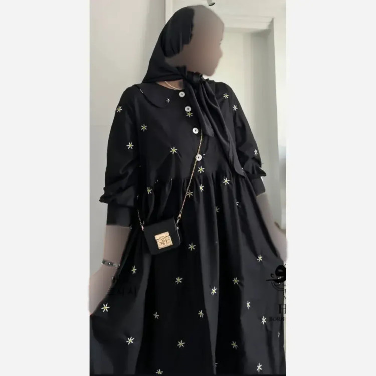 پیراهن زنانه مدل بابونه جنس کرپ فلور درجه یک فری سایز رنگ مشکی