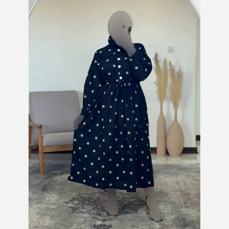 پیراهن زنانه مدل بابونه جنس کرپ فلور درجه یک فری سایز رنگ مشکی