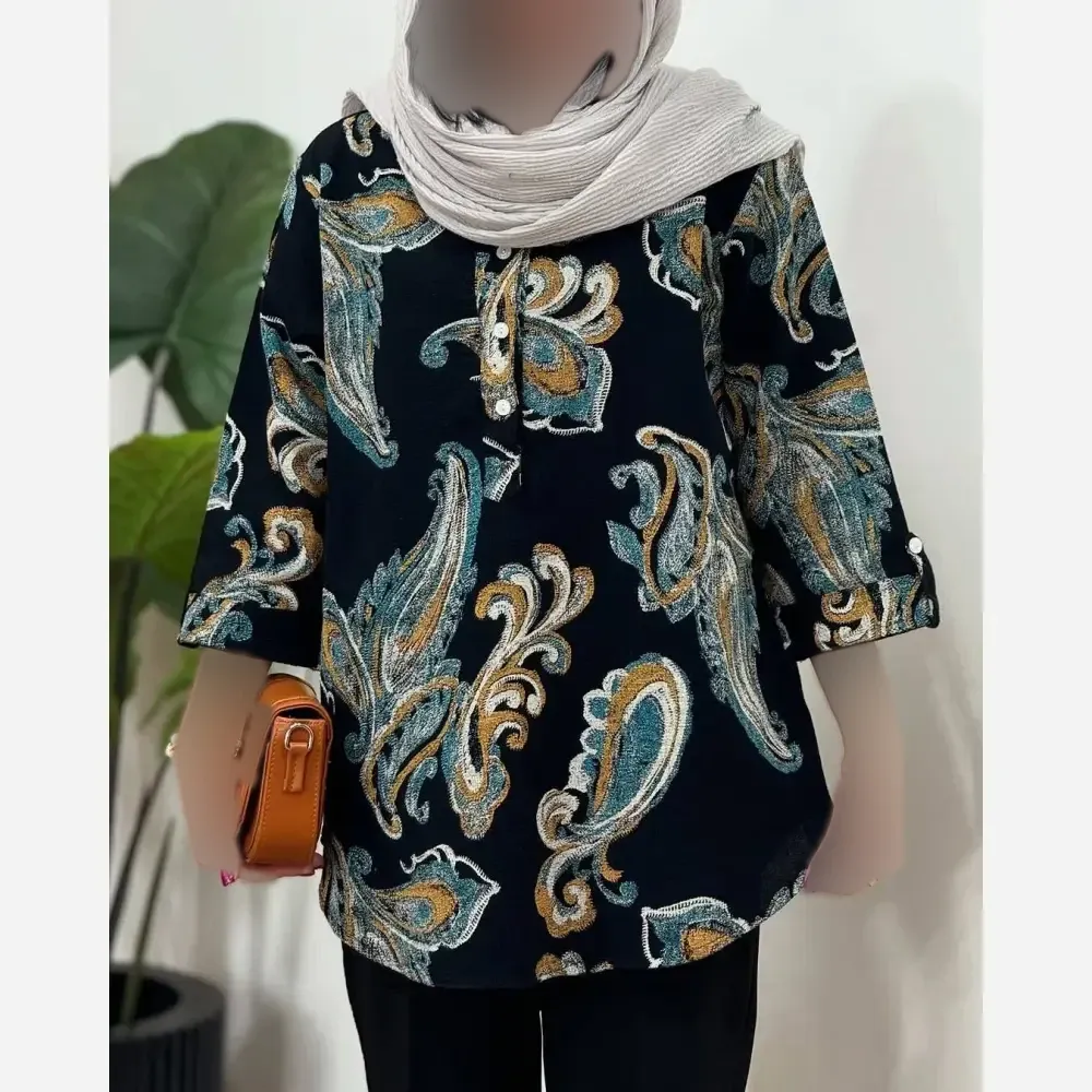 شومیز مانتویی سنتی دکمه چوبی زنانه جنس ینزی پنبه فری سایز