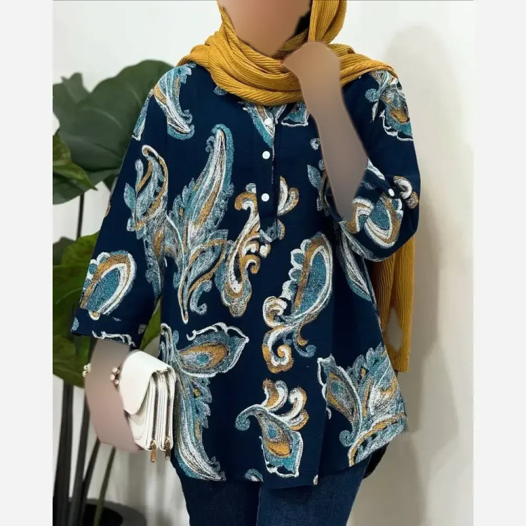 شومیز مانتویی سنتی دکمه چوبی زنانه جنس ینزی پنبه فری سایز