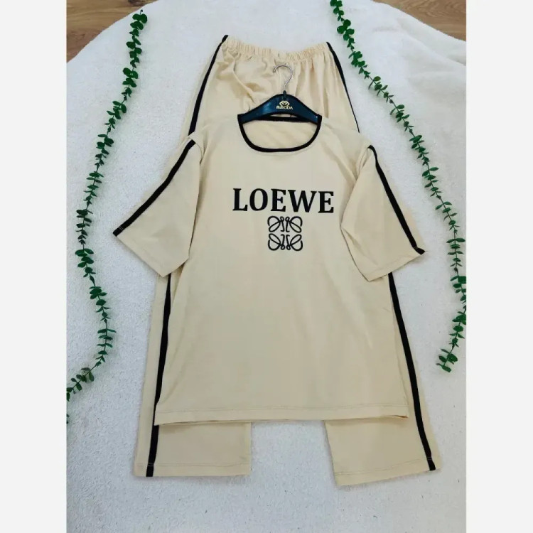 ست تیشرت و شلوار زنانه مدل LOEWE جنس سوپر اسپان فول کش سایز فری 36 تا 48