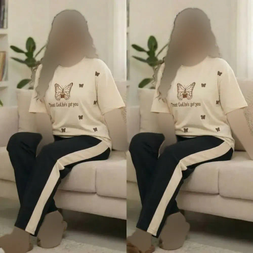 ست تیشرت و شلوار زنانه طرح گلدوزی جنس پنبه گلکسی رنگ کرم نسکافهای فری سایز 38 تا 48