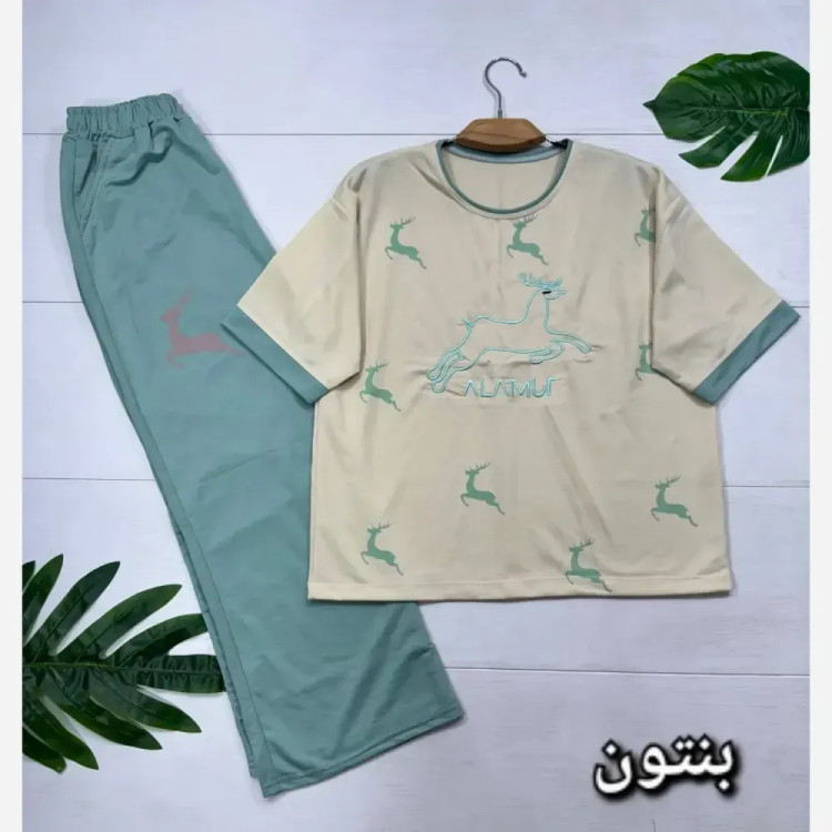 ست تیشرت و شلوار زنانه طرح گوزن جنس پنبه گلکسی فری سایز 38 تا 46
