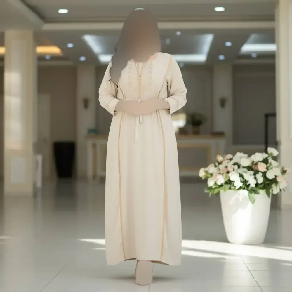پیراهن زنانه نخی گلدوزی شده فری سایز مدل نوار دار