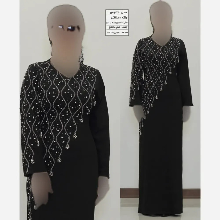 پیراهن مجلسی زنانه مدل تندیس جنس کرپ دالقیچ مشکی با خرجکار نگین و مروارید سایز 38 تا 60