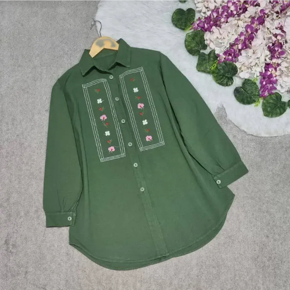 شومیز مانتویی گلدوزی شده زنانه جنس الیاف درجه یک فری سایز 36 تا 48