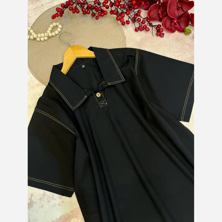 تیشرت مردانه لنین پنبه دکمهدار مشکی سایز L و XL