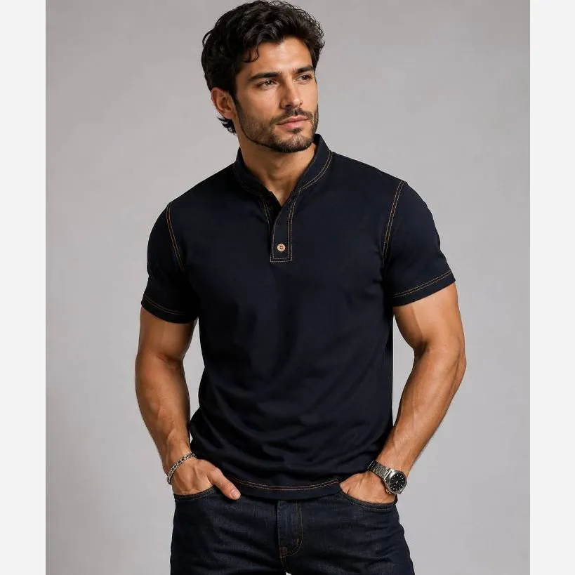 تیشرت مردانه لنین پنبه دکمهدار مشکی سایز L و XL