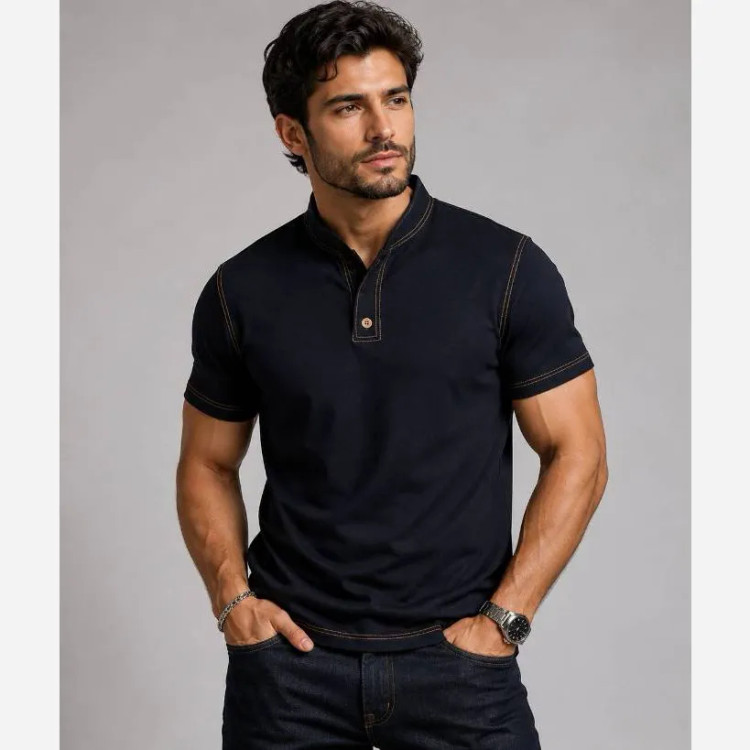 تیشرت مردانه لنین پنبه دکمهدار مشکی سایز L و XL