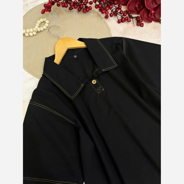 تیشرت مردانه لنین پنبه دکمهدار مشکی سایز L و XL