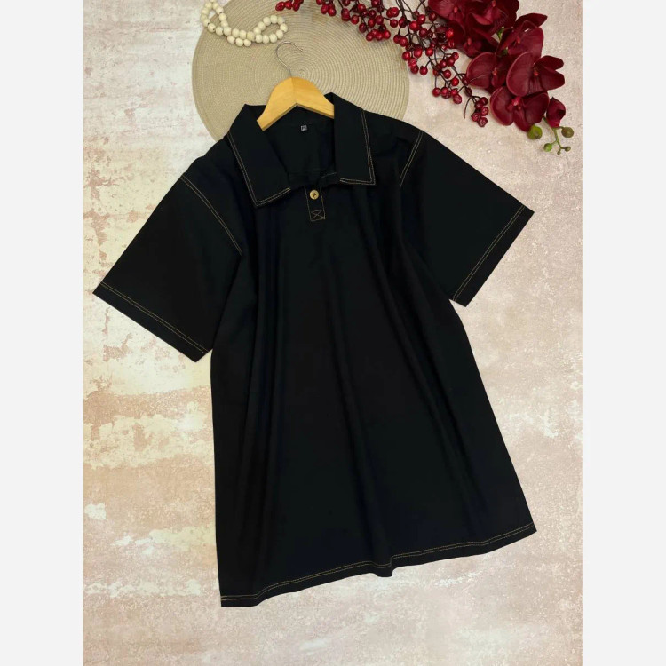 تیشرت مردانه لنین پنبه دکمهدار مشکی سایز L و XL