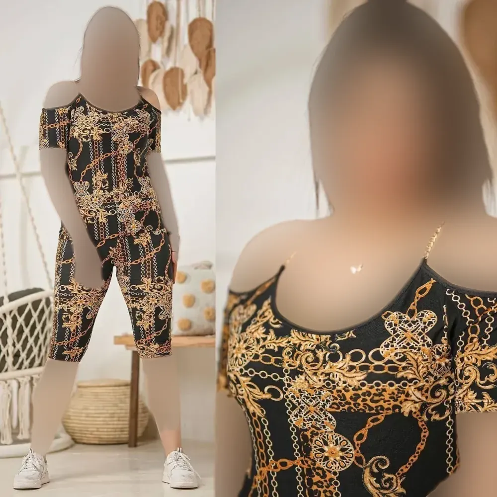 ست تیشرت و شلوارک زنانه مدل سرشانه زنجیری جنس فلامنت فری سایز 36 تا 46