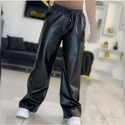 شلوار بگ چرم زنانه مشکی داخل کرک سایز 3XL