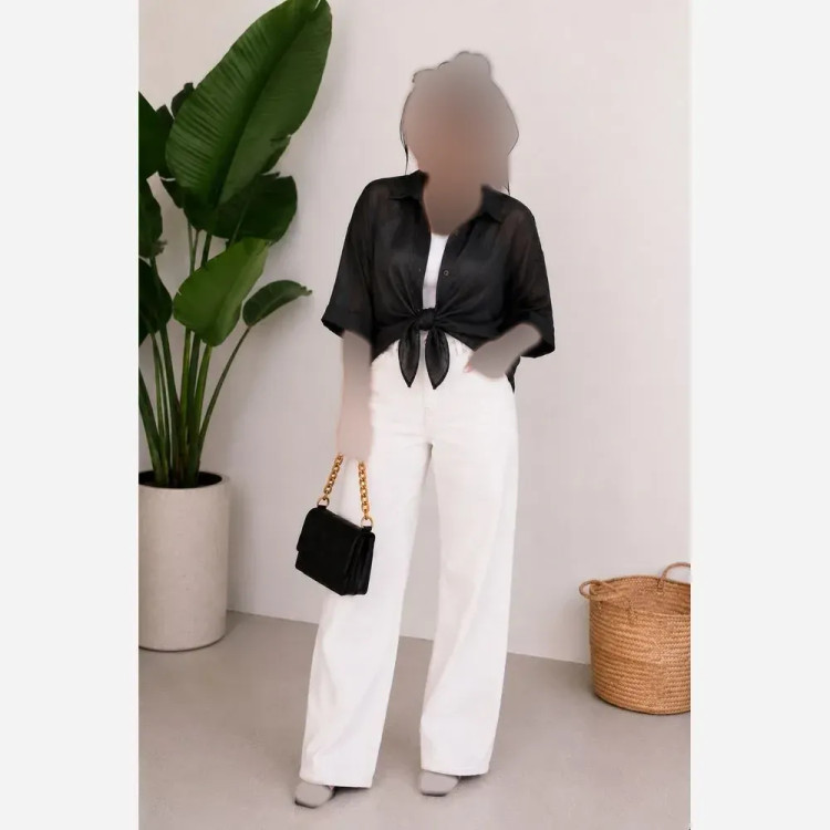 شومیز زنانه گره ای جنس آیوا کریستال رنگ مشکی سایز فری (38-46)