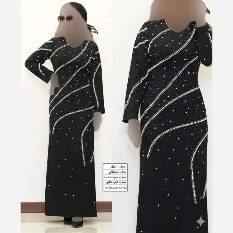 پیراهن زنانه مجلسی مدل غزل جنس کرپ دالقیچ مشکی با خرجکار نگین و مروارید سایز 38 تا 60