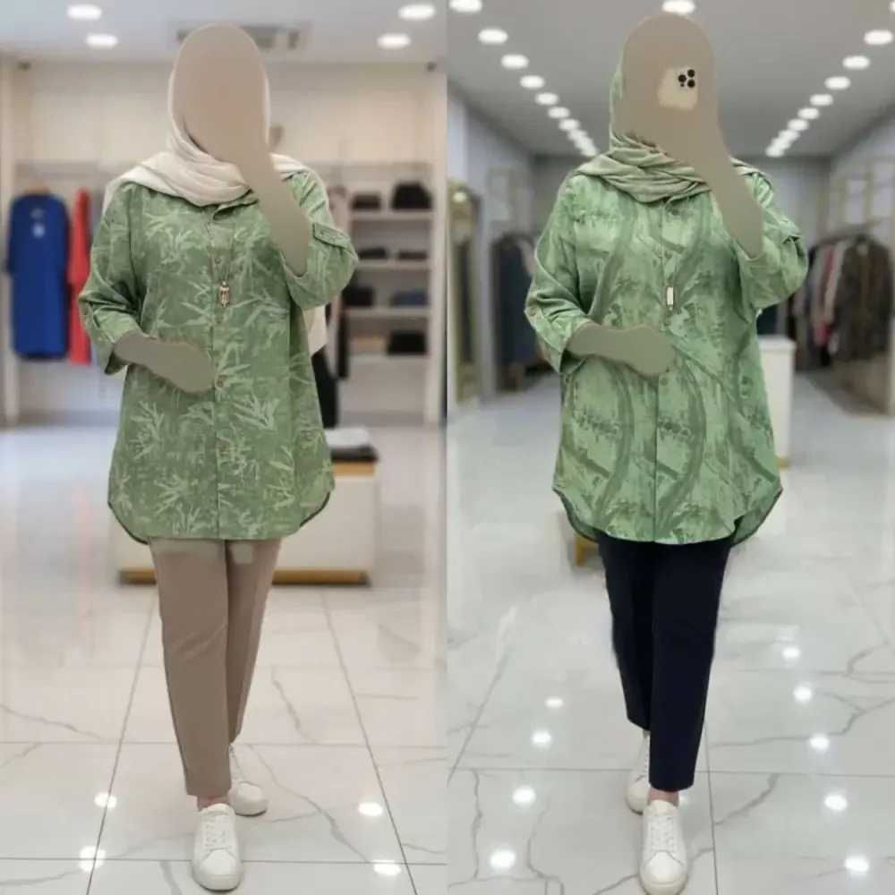 شومیز مانتویی زنانه مدل پرنیا جنس شانتون خنک رنگ سبز سایز 38 تا 50