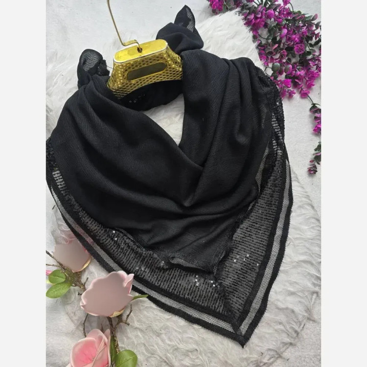 روسری مزونی مشکی طرح درختی حاشیه پولک و دانتل دوزی سایز 100 در 100