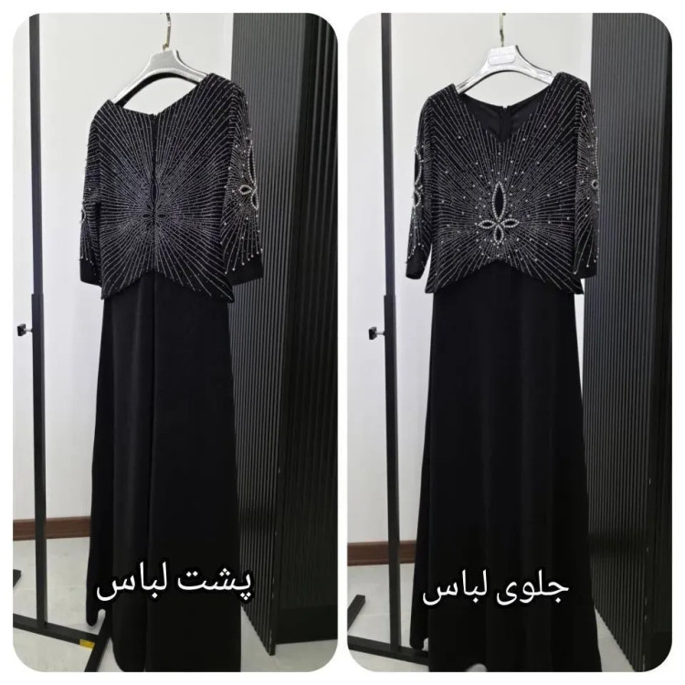 پیراهن مجلسی زنانه مدل نفس جنس کرپ لمه مشکی با خرجکار نگین و مروارید سایز 38 تا 60