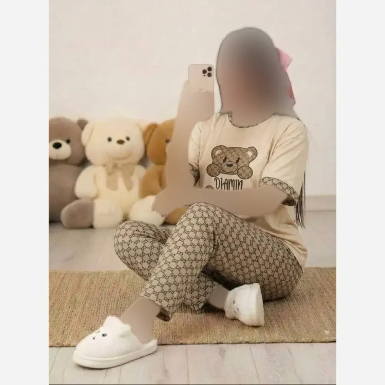 ست تیشرت و شلوار زنانه مدل نسترن جنس پنبه گلکسی رنگ نسکافه ای فری سایز 38 تا 46