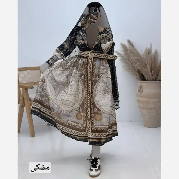 پیراهن زنانه طرح دار نازلی جنس کرپ حریر فری سایز آستردار