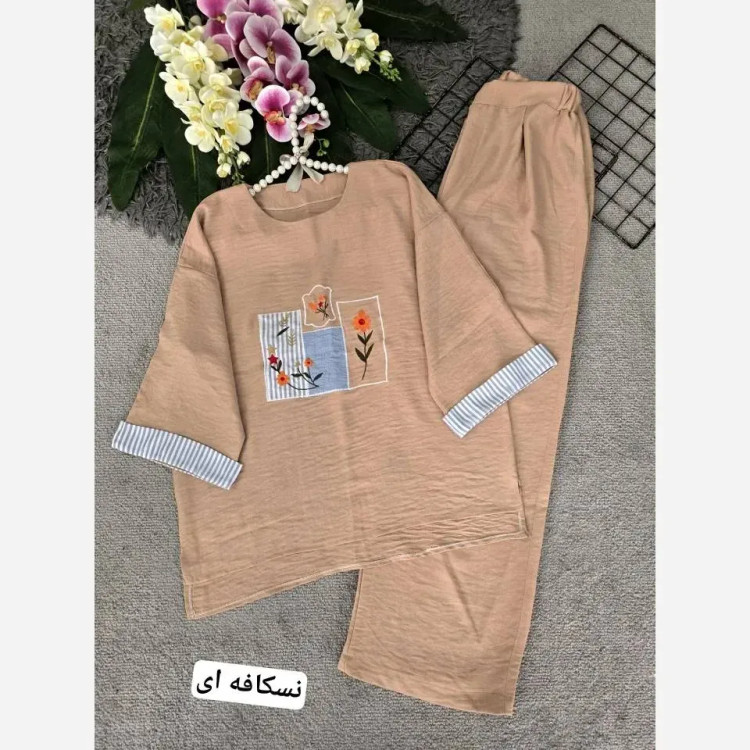 ست تونیک شلوار زنانه تیکه دوزی جنس شانتون فری سایز 38 تا 46