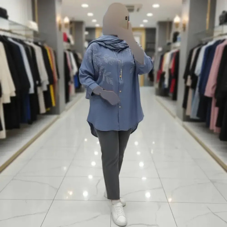 شومیز مانتویی نگینی زنانه جنس شانتون در سه رنگ و دو سایز