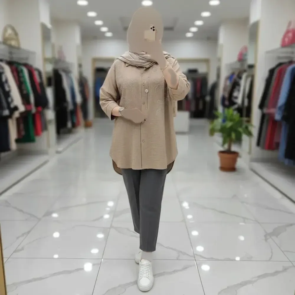 شومیز مانتویی نگینی زنانه جنس شانتون در سه رنگ و دو سایز