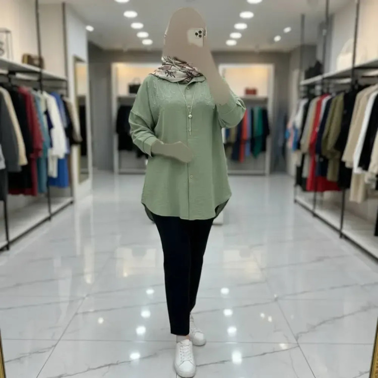 شومیز مانتویی نگیندار زنانه جنس شانتون در 5 رنگ متنوع سایز یک و دو