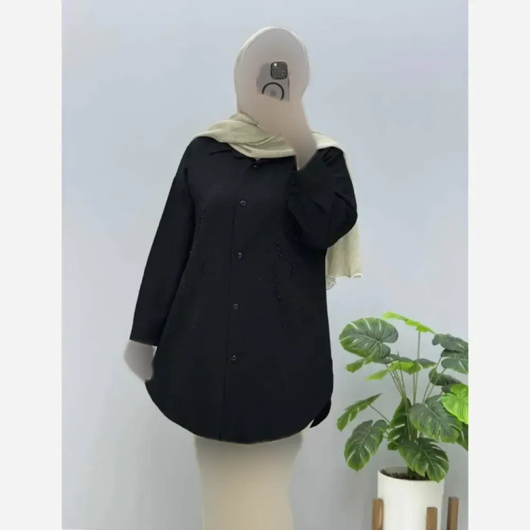 تونیک مانتویی زنانه مدل فادیا جنس آیوا نگیندار و مروارید دوزی شده رنگ مشکی فری سایز