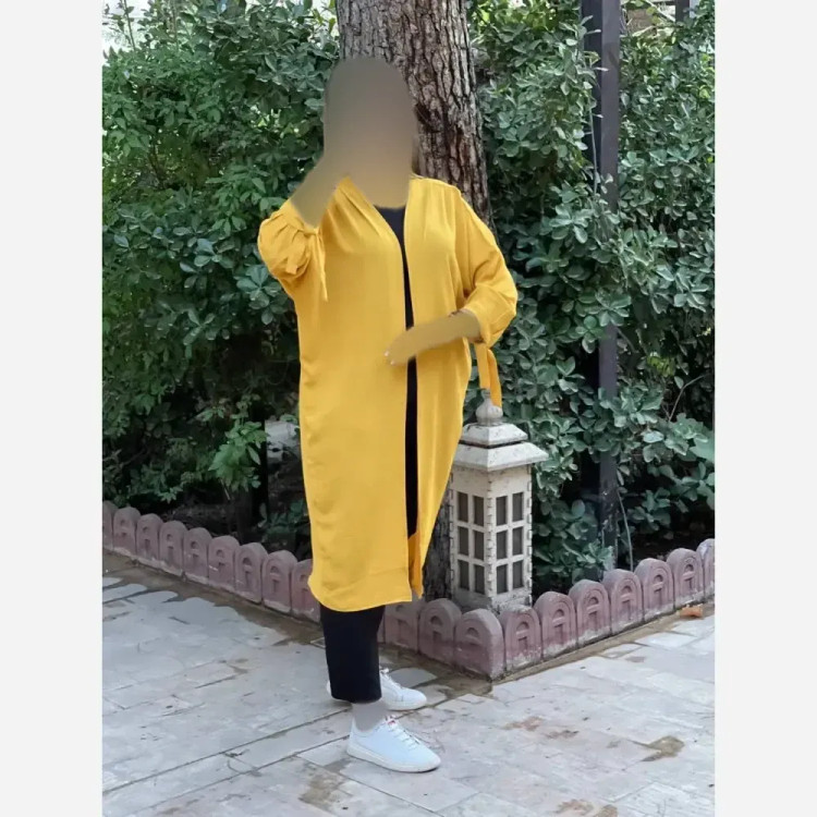 مانتو زنانه آستین گره ای جنس ابروبادی رنگ خردلی فری سایز