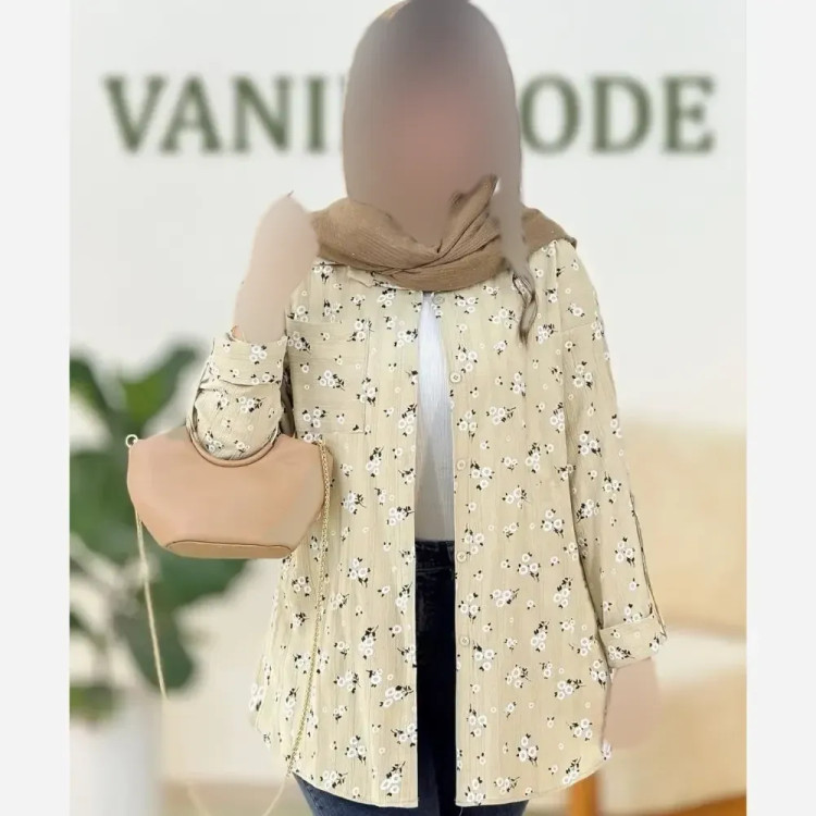 تونیک مانتویی زنانه مدل تاج گل جنس کراش رنگ خاکی فری سایز